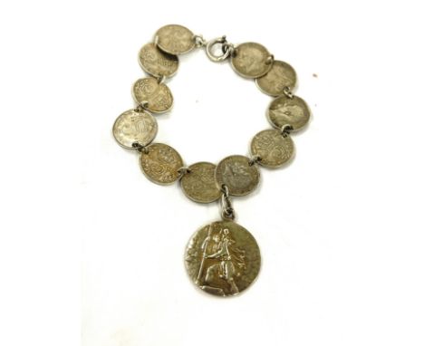 Vintage silver 3 pence coin and St Christopher bracelet, approximate weight 21g