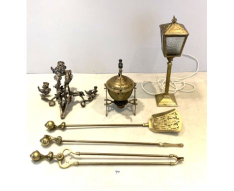 Assorted brassware inc. Lantern (electrified), kettle on stand, fire irons and plated part candelabra