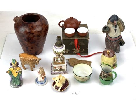 Beswick  bull, Beswick fawn, Vienna lamp base, Chinese boxed teapot &amp; 2 cups, Lladro eskimo figure, 2 Bunnykins figures, 