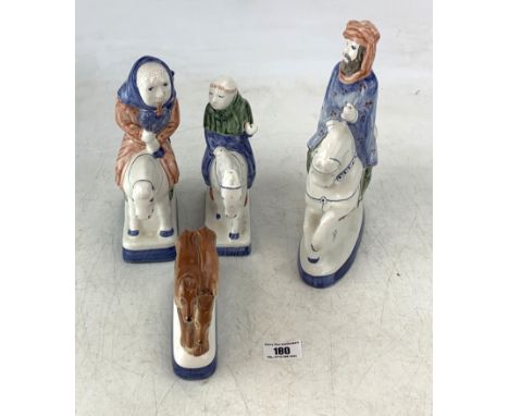 4 Rye Pottery figures -Canterbury Tales The Miller, The Knight and The Friar (tallest 10" high) and greyhound figure (chip to