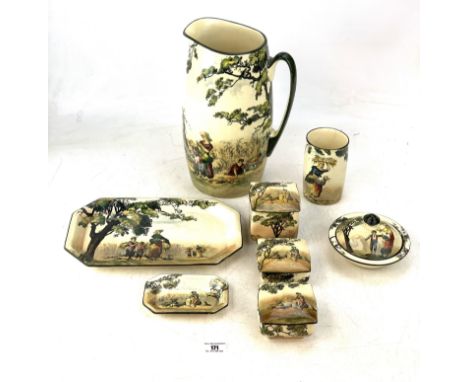 8 pieces of Royal Doulton Old English Scenes 'The Gleaners' dressing table set - large water jug, cup, 3 lidded trinket boxes