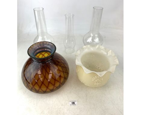 3 glass oil lamp chimneys and 2 glass shades