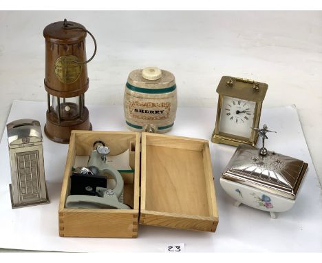 Wooden musical miners lamp, small boxed Prinz microscope, Sherry barrel money box, carriage clock, Rosenthal ballerina topped