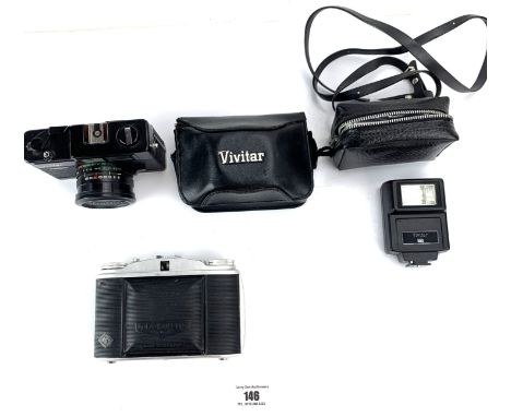 Vivitar 35ES Compact 35mm camera with Vivitar 55 flashgun with cases and Agfa Isolette 120 camera