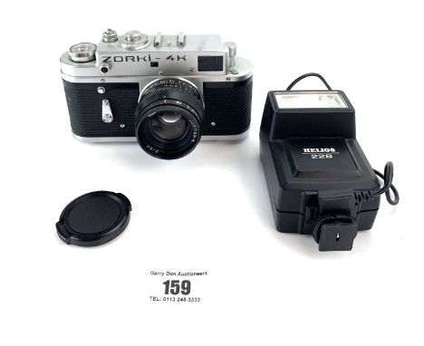 Zorki-4K camera with 50mm f2 Jupiter lens and Helios 228 flashgun