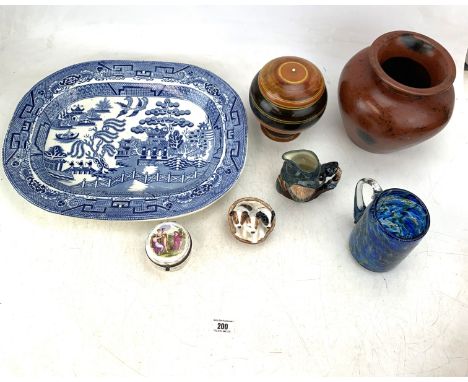 Assorted china inc. Large blue/white platter, Sasak pottery earthenware vase, lidded wooden jar, Royal Doulton Rip Van Winkle