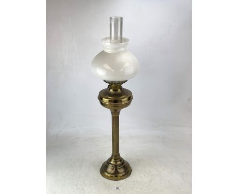 Brass oil lamp with glass chimney and white glass shade, 28" high
