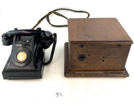Vintage black bakelite Ericsson telephone with wooden coin box
