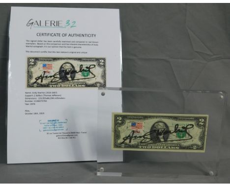 Andy WARHOL (1928 - 1987). 2 USD. Dollar. Signiert. Schwarz.2 USD (Thomas Jefferson)/ Seriennummer: G 18637479 A/ Abmessung: 