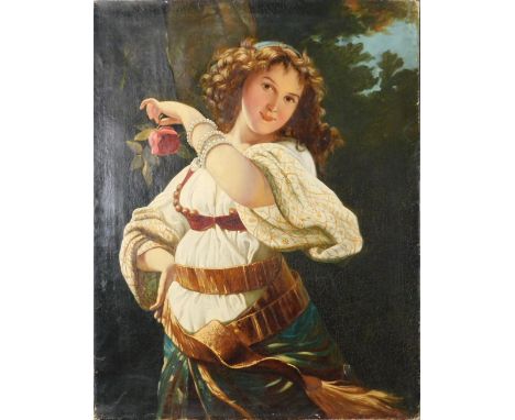 UNSIGNIERT (XIX). Frau mit Perlenarmband und Blume.78,5 cm x 61,5 cm. Gemälde. Öl auf Leinwand wachsdoubliert. Keine Signatur