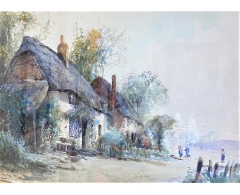 Joseph Hughes Clayton(1870-1930). Print, watercolour of Cottages. Signed lower left. In a glazed gilt frame. 28cm x 39cm.Clif