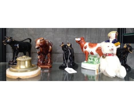 Four cow creamers (four lack lids), Staffordshire figure of and maiden, brass pot and Steiff white teddy baby 16cm. (7) 