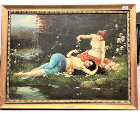 Late 19th century Continental School. Oli on canvas (re lined) After J Bovet. Classical maidens reclining in a garden. Possib