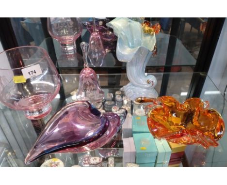 One orange and one purple Murano- style glass bowls, Royal Doulton pink glass bowl with bell and an Italian ceramic cornucopi