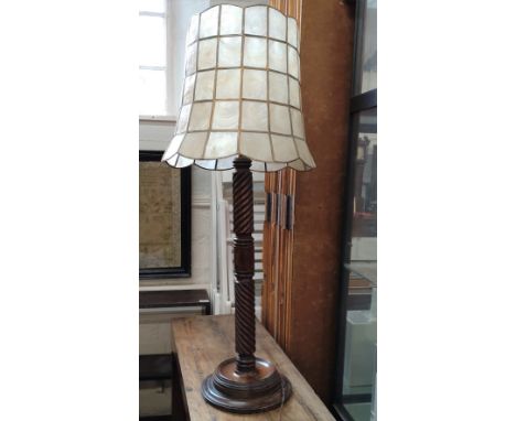 A Turned Wood Table Lamp. With shade. 