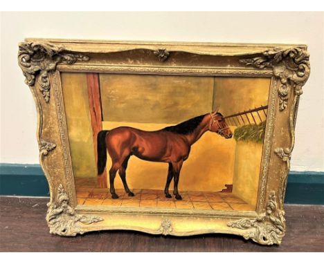 After Humphreys. A Framed print of a horse in a stable.  In gilt frame. After Wilfred Evans. A coloured print of an ecclesias