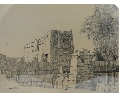 Three framed and glazed prints. One of a bull fighter signed by John R Skeaping. The other of a middle eastern village and an