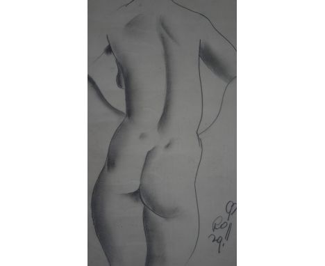 A framed and glazed charcoal sketch, nude study, signed, monogrammed and dated. H.44 W.34cm 