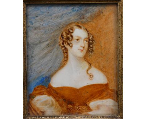 After Sir George Hayter, a 19th century watercolour miniature portrait, The Hon. Frances Henrietta Law, Lady Dallas, label to