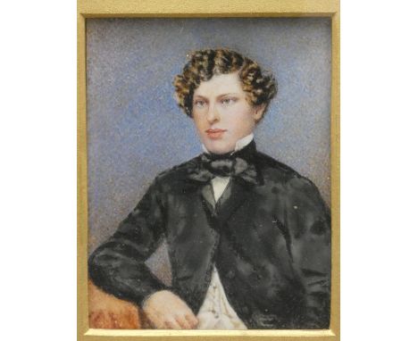 A 19th century gilt framed and glazed miniature watercolour portrait, Captain Frederick W. Ramsden, label to the reverse, uns