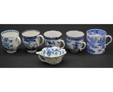 A collection of six antique blue and white porcelain cups. To include an 18th century Worcester blue and white butter boat wi