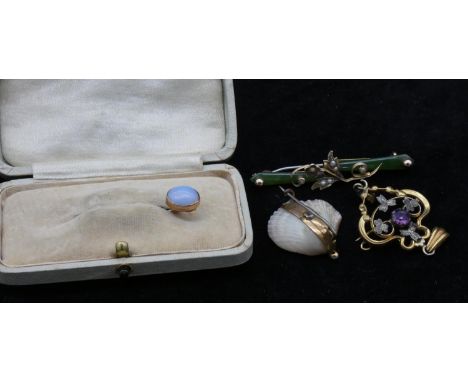 A collection of antique jewellery. Including a yellow metal and seed pearl shell brooch, a jade, seed pearl and 9ct rose gold