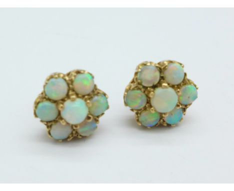 A pair of 9ct gold and opal cluster earrings, 3g