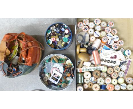 Vintage sewing items including cotton, buttons, also some buckles