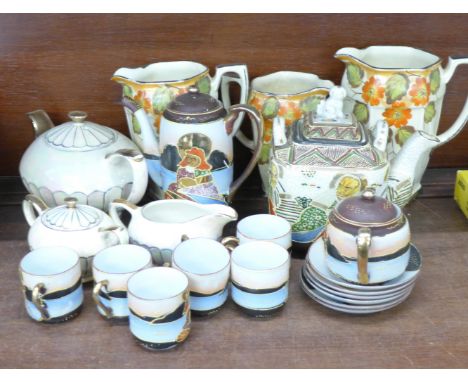 A Sadler teapot, sugar and cream, an oriental tea service and three graduated jugs, etc.