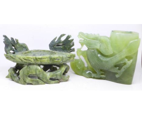 A jade carving and a carved soapstone stand, both a/f