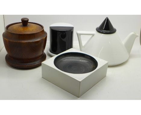 A Troika ashtray, an Art Deco style teapot, salt and pepper pot and a wooden caddy