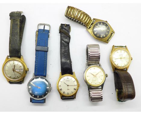 Six wristwatches; Oris x2, Timex automatic, Avia, Roamer and Pronova with blue dial