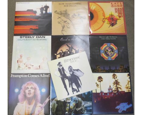 Ten LP records, including Steely Dan, Bob Dylan and Kate Bush