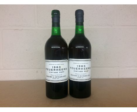 FEUERHEERD 1963 VINTAGE PORT (2)
Oporto, Portugal. No capacity or strength stated.
2 bottles. CONDITION REPORT: Cork on one b
