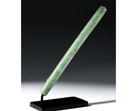 Pre-Columbian, Mexico, Guerrero region, Mezcala, ca. 300 to 100 BCE.  A finely carved tubular jade snuff tube, a marvel for i