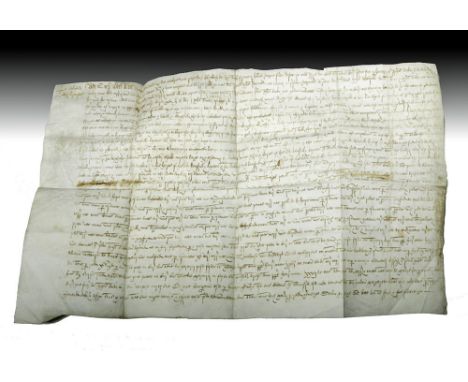 Western Europe, England, 1560 CE. A well-preserved court document, hand-written on one side of a thin sheet of vellum. This i