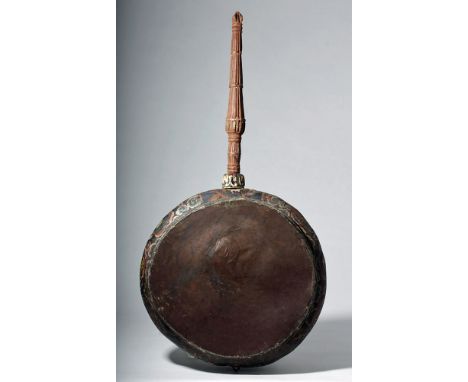 Central Asia, Tibet, 19th century CE. A large drum from a Tibetan Buddhist temple, with a hand-carved and painted wooden body