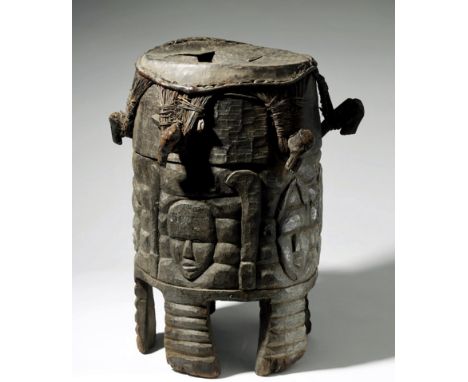 Africa, Guinea/Sierra Leone, Bassa Loma peoples, ca. 1900 CE. A hand-carved wood drum with five high relief abstract visages 