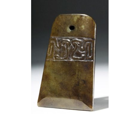 China, Qing (Ching) Dynasty, ca. 1644 to 1912 CE. A beautiful jade pendant, hand-carved from a jade stone of rich olive green