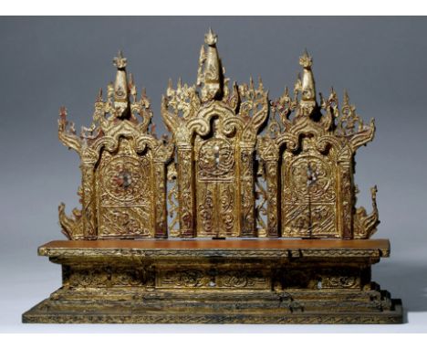 Southeast Asia, Burma, 19th century CE. Made of gilded and painted wood, this platform has an ornate form, with a flat panel,