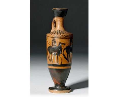 Ancient Greece, Athens, ca. late 6th to early 5th century BCE.  An exceptional Attic lekythos (oil flask) of an elegant slend