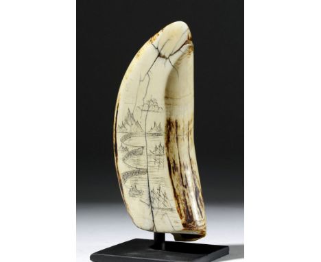 North Atlantic or Arctic, 1851 CE. A scrimshaw on the tooth of a sperm whale. The icy scene shows two whaling ships off the s