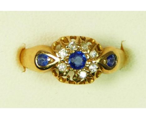 An Edwardian 18ct gold sapphire and diamond cluster ring, Chester 1905, one diamond vacant, M, 2.4gm