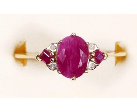 A 9ct gold ruby and diamond dress ring, P, 2.2gm 