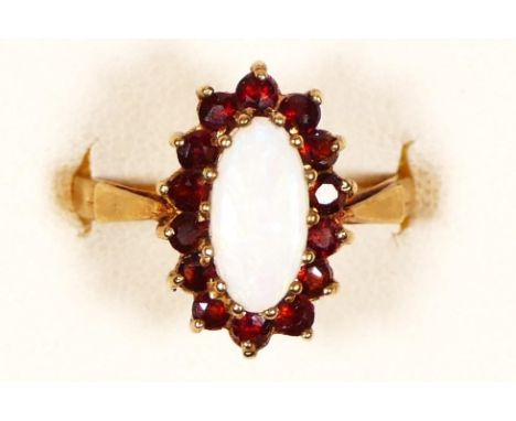 A 9ct gold opal and garnet ring, M, 2.3gm 