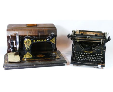 An early 20th century Jones manual sewing machine (cased) together with a 1920s/30s portable typewriter, made in USA by Under