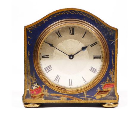 An Edwardian Chinoiserie mantel clock, blue case with gilt and red decoration, 13cm, main spring broken 