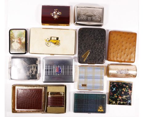 A cigarette case and lighter by Lord with faux crocodile skin covers, case, a Japanese plastic cigarette case with Mount Fuji