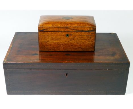 A Victorian mahogany inlaid writing slope, the hinged lid opening to fitted interior, 49x28cm, together with an Edwardian oak