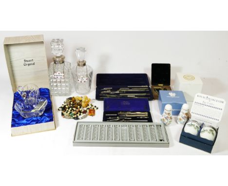 A collection of early 20th century and later items, to include cased technical drawing instruments, lead crystal decanters, R